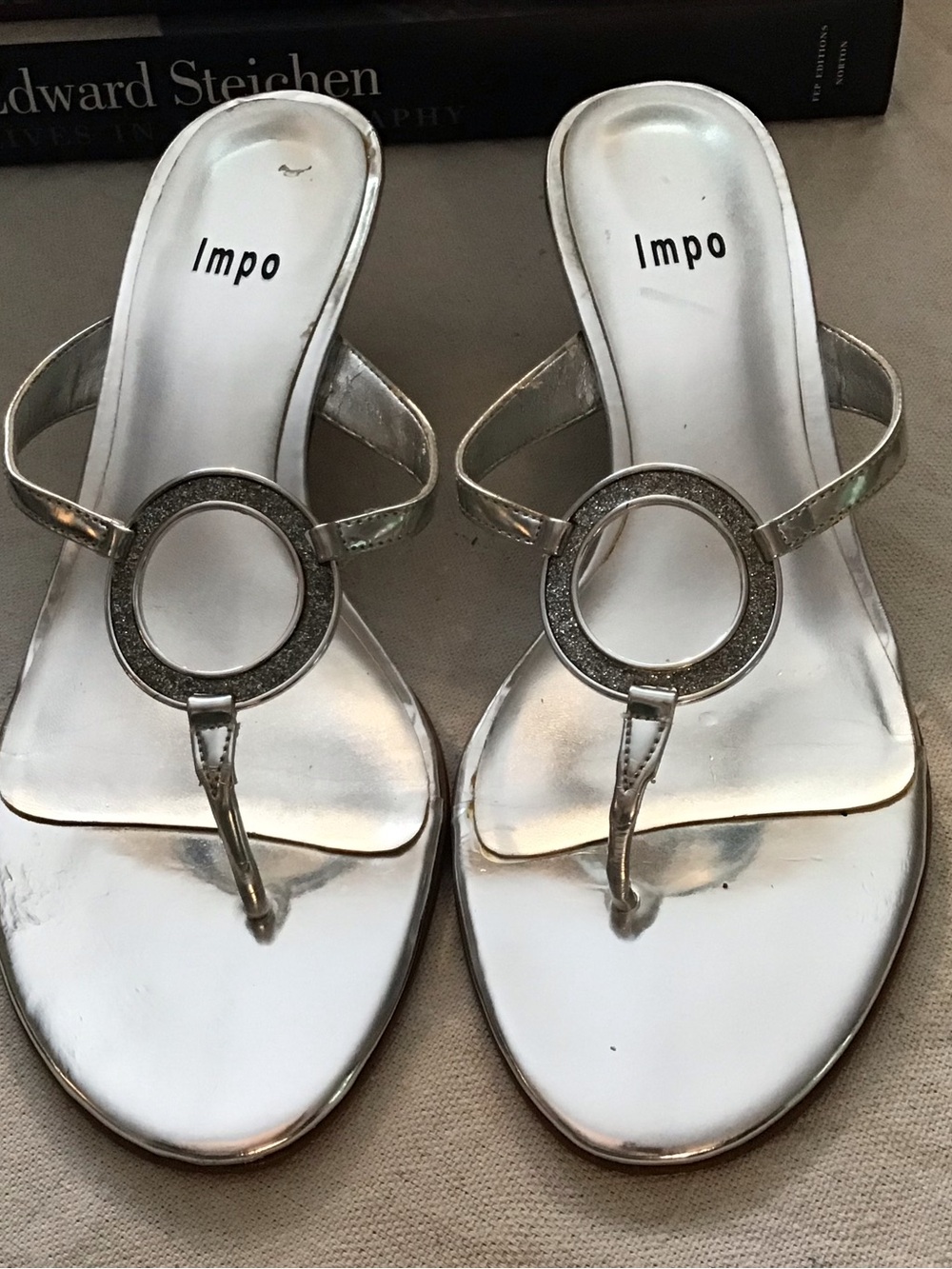 Impo Silver Metallic T-Strap Kitten Heeled Sandals